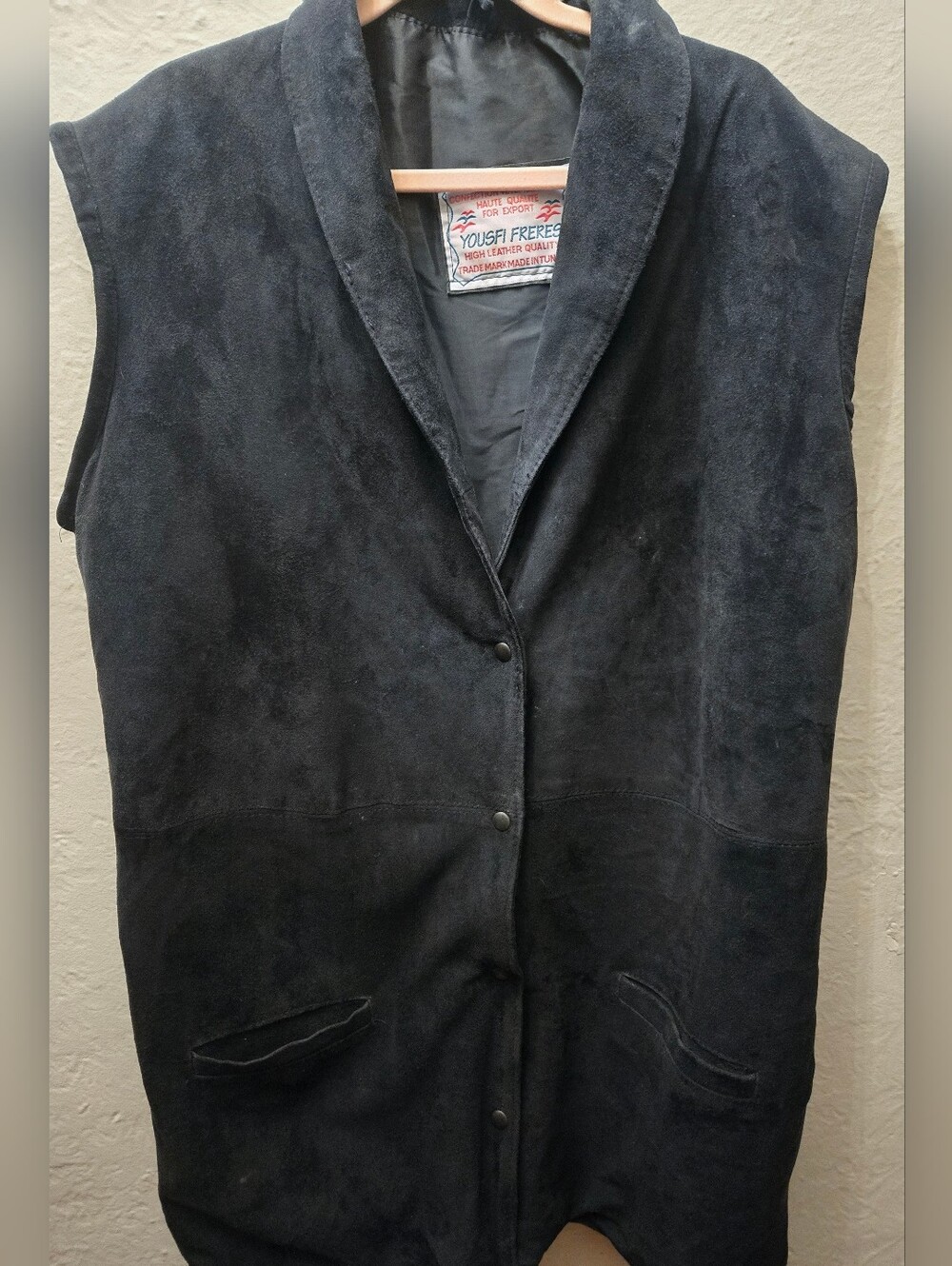 Vintage Black Suede Leather Longline Vest Oversized 80s Minimalist Goth